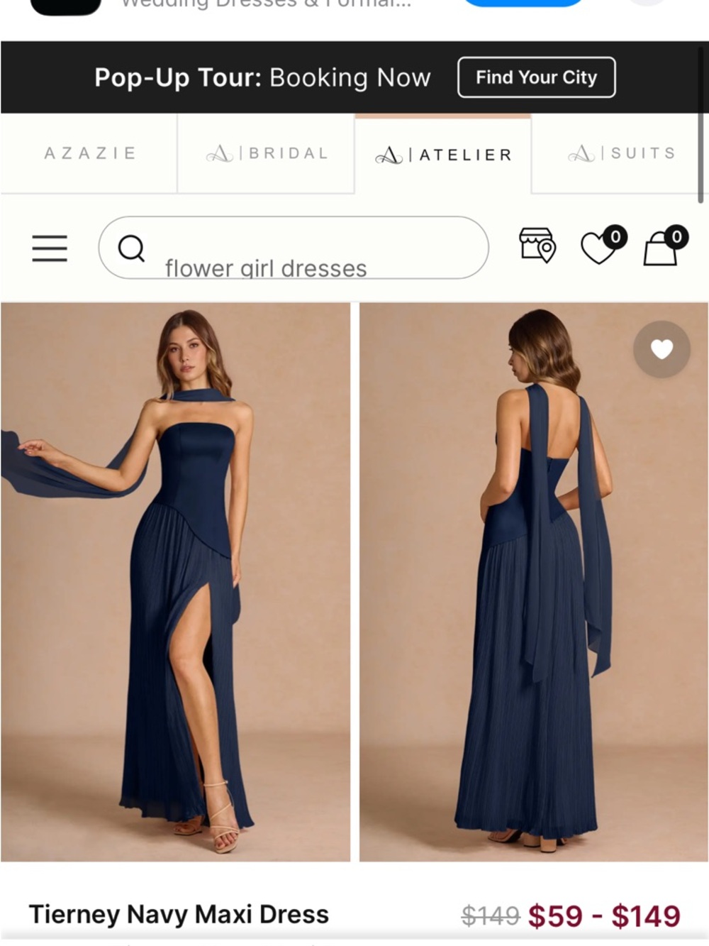 Azazie Navy Pleated Maxi Dress with High Neck and Sash
